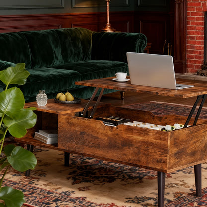 Lift Top Coffee Table with Storage Compartment & 2 Cubbies | Adjustable Height, Brown Wood, Metal Frame, Contemporary Style, Easy Assembly | OLIXIS