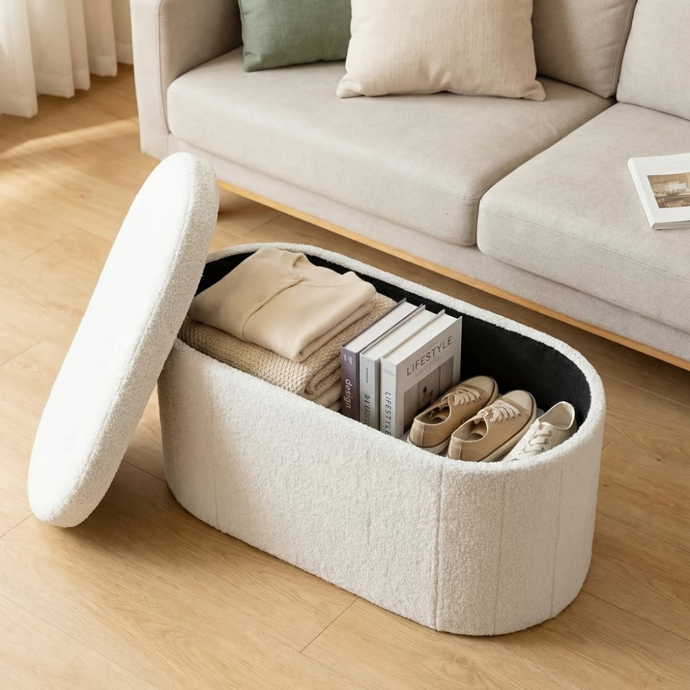 Storage Ottoman Bench with Lid, Folding Cushioned Foot Rest Stool 30/43 Inch Oval Round Seat 250 Lb Capacity for Living Room Bedroom Entryway