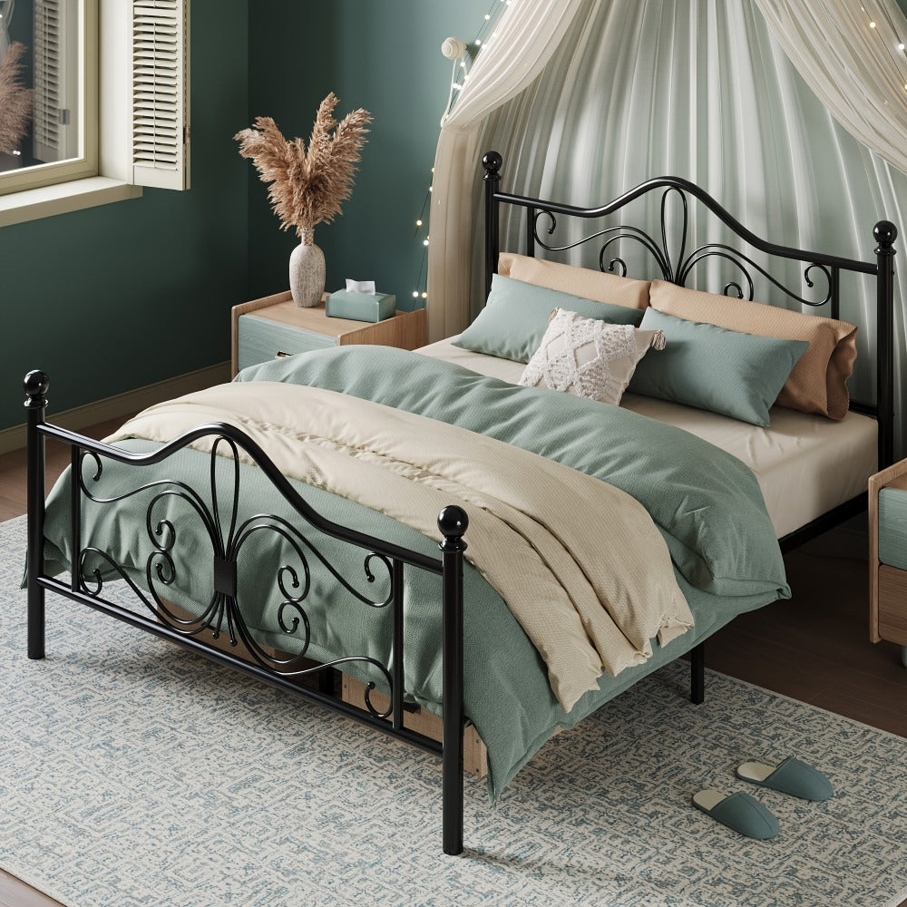 Metal Platform Bed Frame with Butterfly Pattern Headboard & Footboard – No Box Spring Required, Easy Assembly | Modern Decorative Bed Frame for Bedroom | Furn Mivo