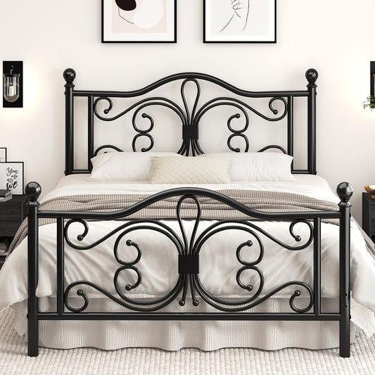 Bed Frame with Under-Bed Storage, Metal Platform Bed with Vintage Butterfly Pattern Headboard and Footboard, Twin/Full/Queen Size, No Box Spring Needed, Easy to Assemble, Noise-Free, Black/White