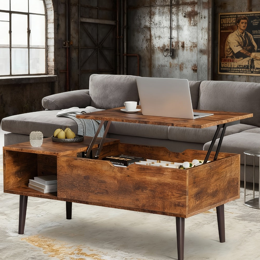 Lift Top Coffee Table with Storage Compartment & 2 Cubbies | Adjustable Height, Brown Wood, Metal Frame, Contemporary Style, Easy Assembly | OLIXIS