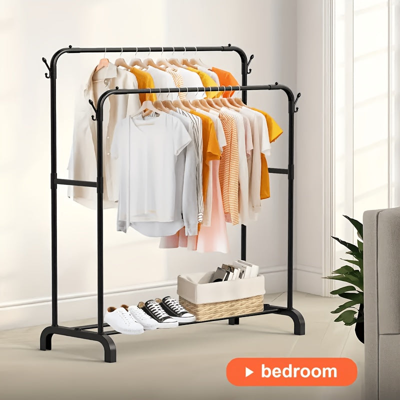 Upgraded Garment Rack with Double Metal Rods, Clothing Rack Heavy Duty Clothing Racks for Hanging Clothes, Steel-Plastic Dual-Rod Black Hanger, Freestanding Wardrobe Closet Rack, for Bedroom