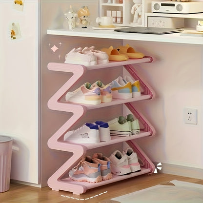 Heavy-Duty Pink 4-Tier Shoe Rack - Space-Saving Z-Shaped Shoe Organizer with Sturdy Metal/Plastic Construction, Freestanding Entryway, Dorm, Living Room, Hallway Storage - Easy Assembly, No Tools Needed, for Home, Office