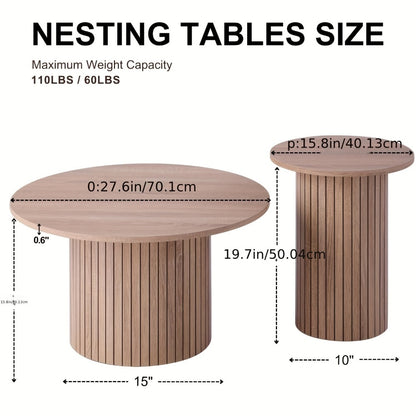 Round Nesting Coffee Tables Set of 2 - Boho Fluted Drum Side Table with Wood Grain Tabletop for Living Room, Bedroom & Apartment