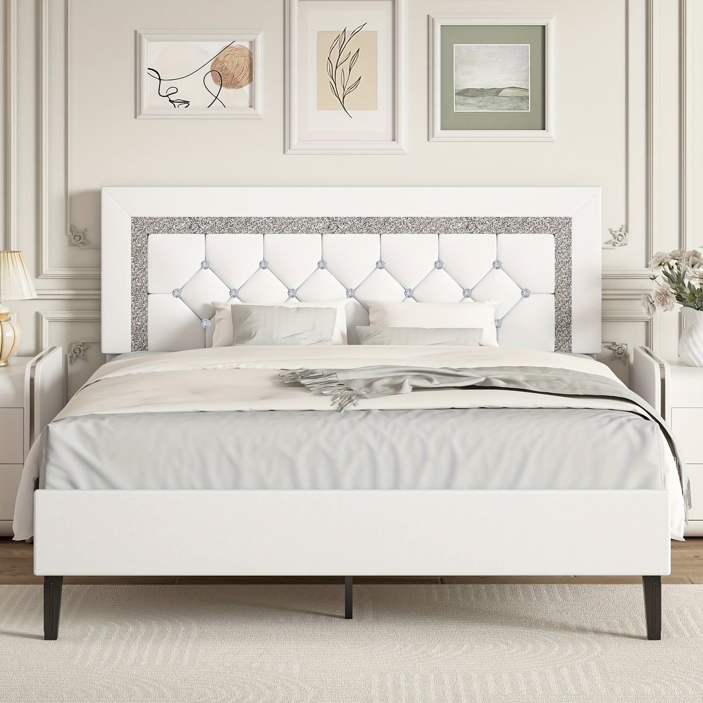 [Halloween] Twin Full Queen Size Bed Frame, Diamond Headboard, Wood Slats Support, Princess Bed Frame, Easy To Assemble, Soft PU Leather, Maximum Weight Recommendation 900Pounds, Furniture For Home, Bedroom Decor, Bedroom Furniture, Pink/White/Black Hallo