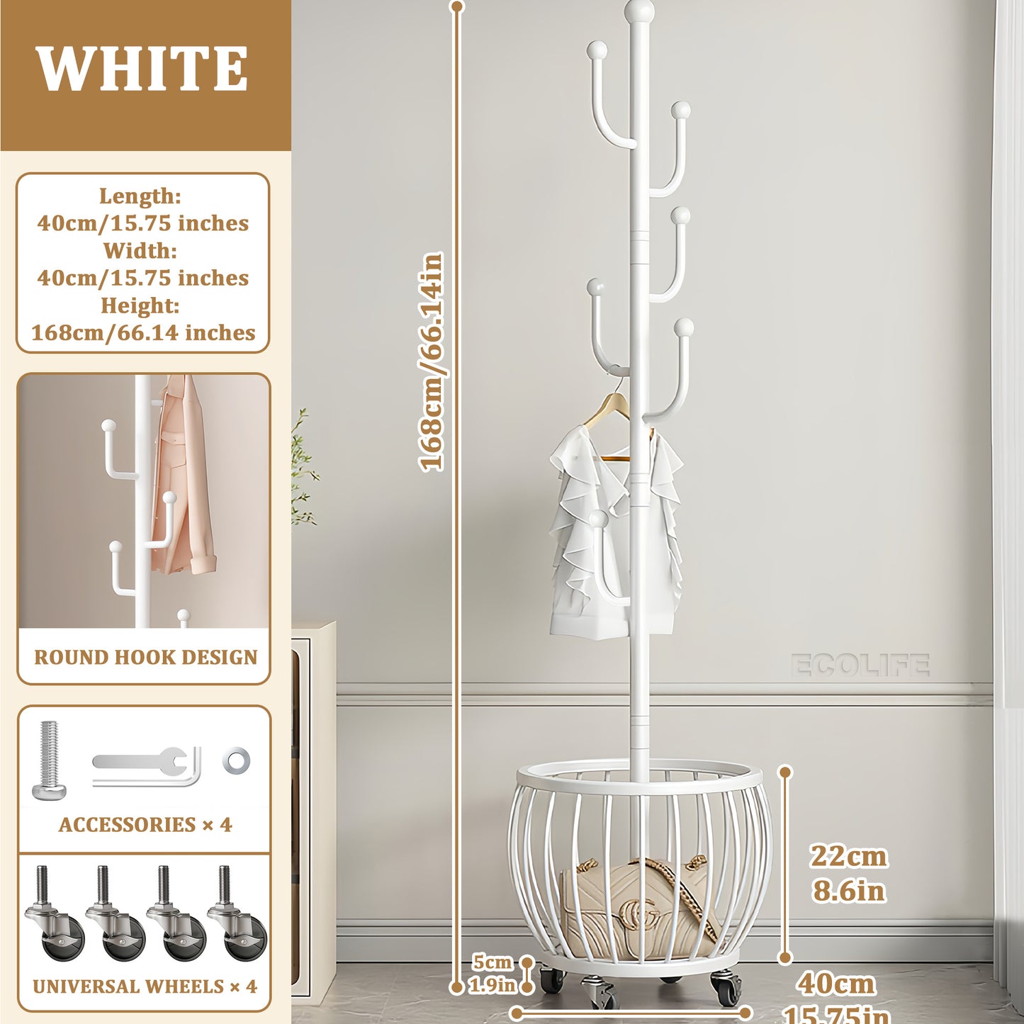 2-in 1 Multipurpose Freestanding Coat Rack with Storage Basket - 6 Hooks and 4 Universal Wheels, Mobile Clothes Hanger, Space-Saving Freestanding Clothes Rack Organizer, for use in Entryway, Living Room, Bedroom, Home, Office, Bathroom for Hats, Coats, Sc