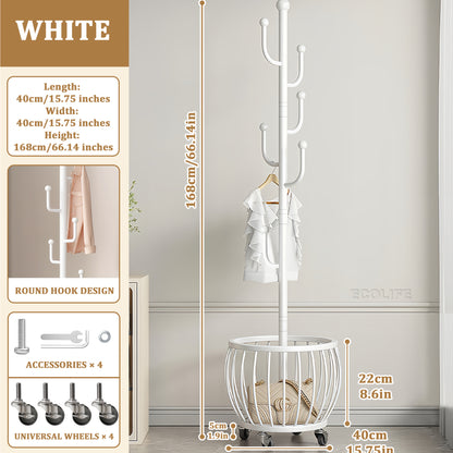 2-in 1 Multipurpose Freestanding Coat Rack with Storage Basket - 6 Hooks and 4 Universal Wheels, Mobile Clothes Hanger, Space-Saving Freestanding Clothes Rack Organizer, for use in Entryway, Living Room, Bedroom, Home, Office, Bathroom for Hats, Coats, Sc