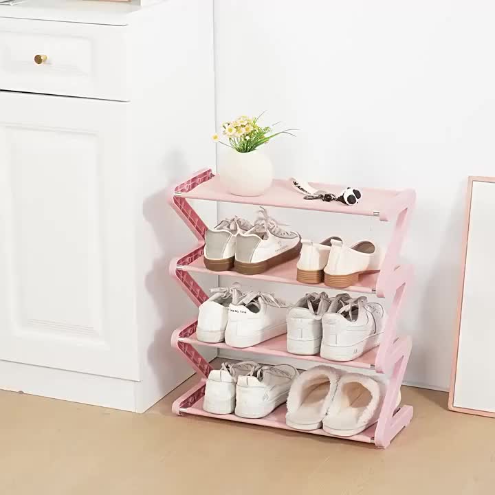 4-Tier Z-Shaped Shoe Rack, Durable Plastic Independent Storage Boxes, Curved Design, Multi-Function Storage Rack, Easy Assembly Freestanding Shoe Rack, No Tools Required, Compact Design, Suitable for Living Room Or Dorm, Stackable And Space-Saving