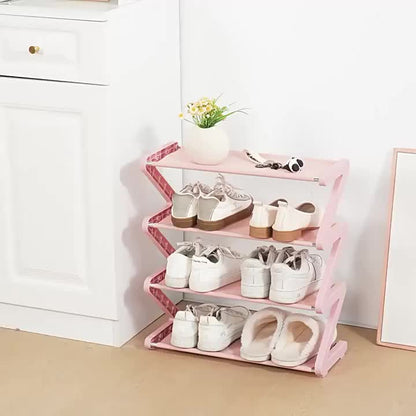 4-Tier Z-Shaped Shoe Rack, Durable Plastic Independent Storage Boxes, Curved Design, Multi-Function Storage Rack, Easy Assembly Freestanding Shoe Rack, No Tools Required, Compact Design, Suitable for Living Room Or Dorm, Stackable And Space-Saving