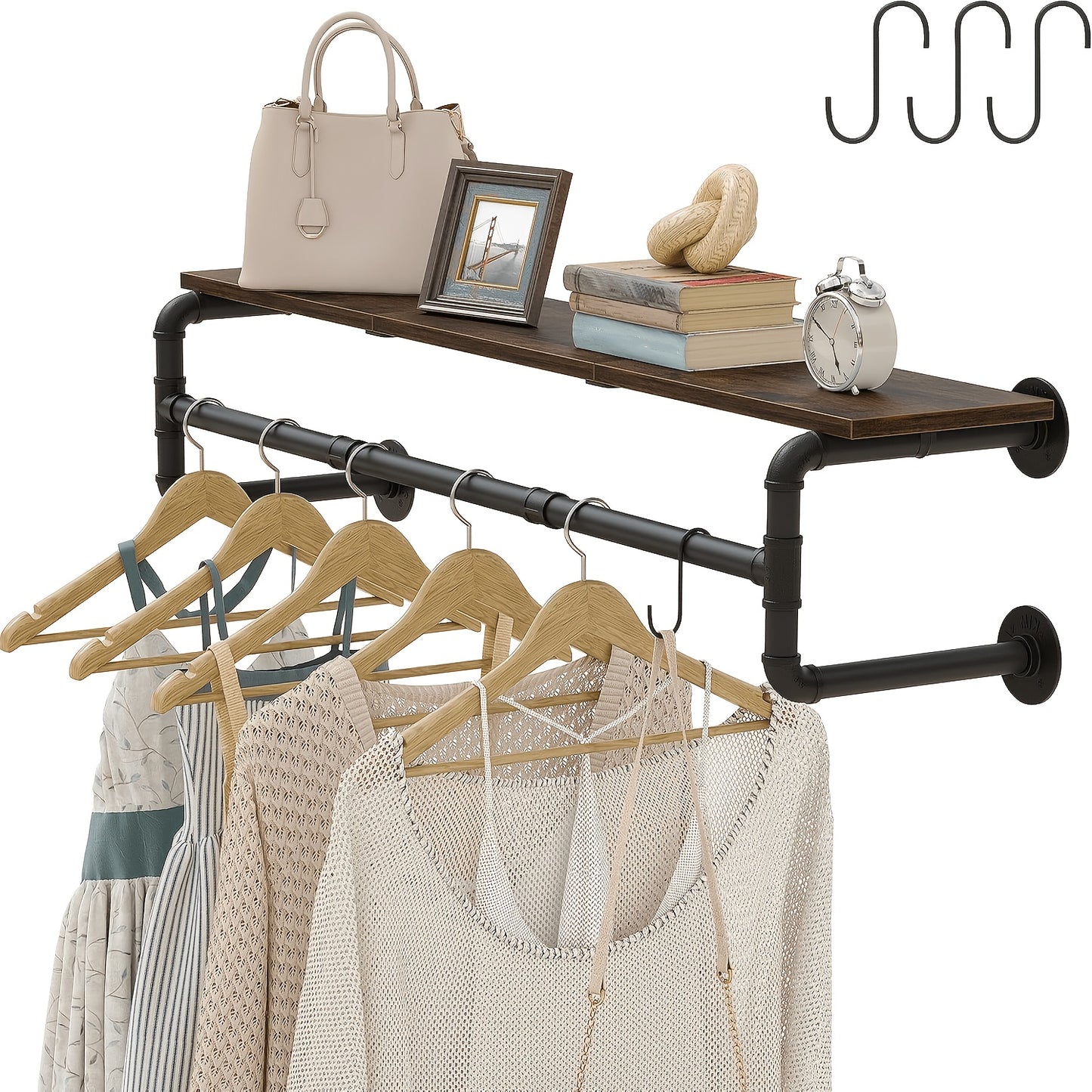 AESOME 39.3''L Industrial Pipe Clothes Rack with Top Shelf And 3 Hooks Wall Mounted Garment Rack Heavy Duty Detachable Multi-Purpose Hanging Rod for Closet Storage