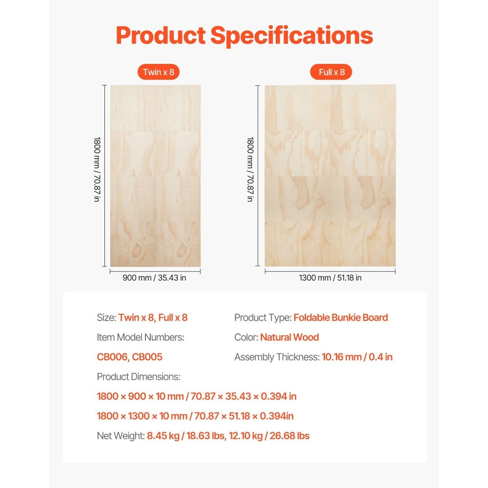 VEVOR Full Size Bunkie Board, 0.4 in Foldable Bed Board Slats with Connection, Wooden Mattress Support for Full/Twin Size Bed, Support Under Mattress Boards, Ready to Use, 8 Piece, Burlywood
