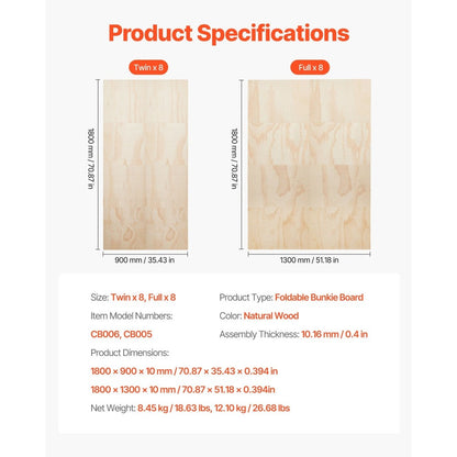VEVOR Full Size Bunkie Board, 0.4 in Foldable Bed Board Slats with Connection, Wooden Mattress Support for Full/Twin Size Bed, Support Under Mattress Boards, Ready to Use, 8 Piece, Burlywood