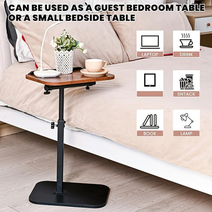 C-Shaped Lift Table with Adjustable Height and Cork Tabletop, Iron Frame Side Table for Sofa Bed Bathtub Outdoor, Coffee Table Laptop Desk for Living Room Bedroom Bathroom Office, Black or Walnut