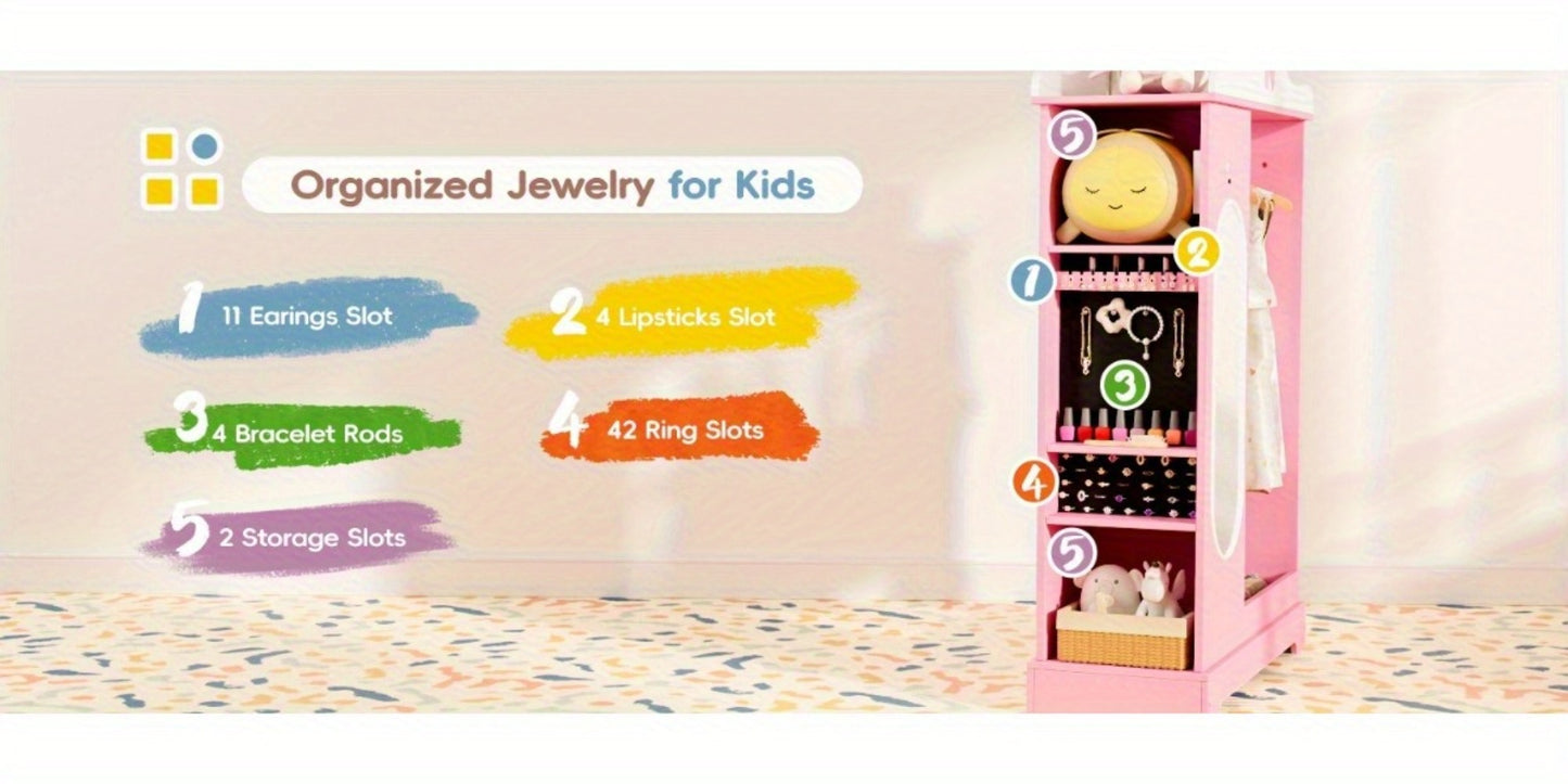 Kids Armoire with Jewelry Cabinet, Kids Dress Up Storage wth Shelves, Girls Wardrode Costume Organizer with Mirror, Children Closet with Armoire for Bedroom, Kids Room, Girls, Kids Room Furniture, Bedroom Storage, Stylish Kids Wardrobe, Playful Design, Ha
