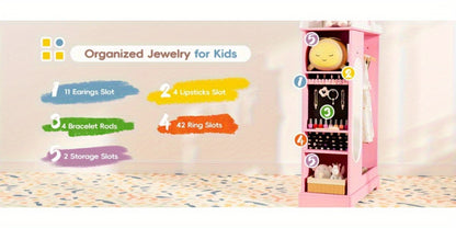 Kids Armoire with Jewelry Cabinet, Kids Dress Up Storage wth Shelves, Girls Wardrode Costume Organizer with Mirror, Children Closet with Armoire for Bedroom, Kids Room, Girls, Kids Room Furniture, Bedroom Storage, Stylish Kids Wardrobe, Playful Design, Ha