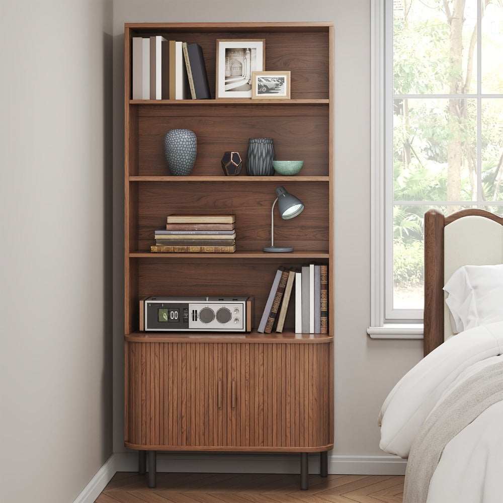 71 Inch Tall Bookcase with Sliding Doors 4 Shelves Storage Cabinet Adjustable Shelves Walnut Mid-Century Modern Home Office Living Room