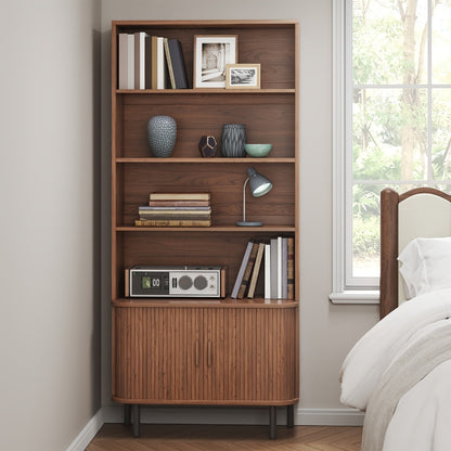 71 Inch Tall Bookcase with Sliding Doors 4 Shelves Storage Cabinet Adjustable Shelves Walnut Mid-Century Modern Home Office Living Room