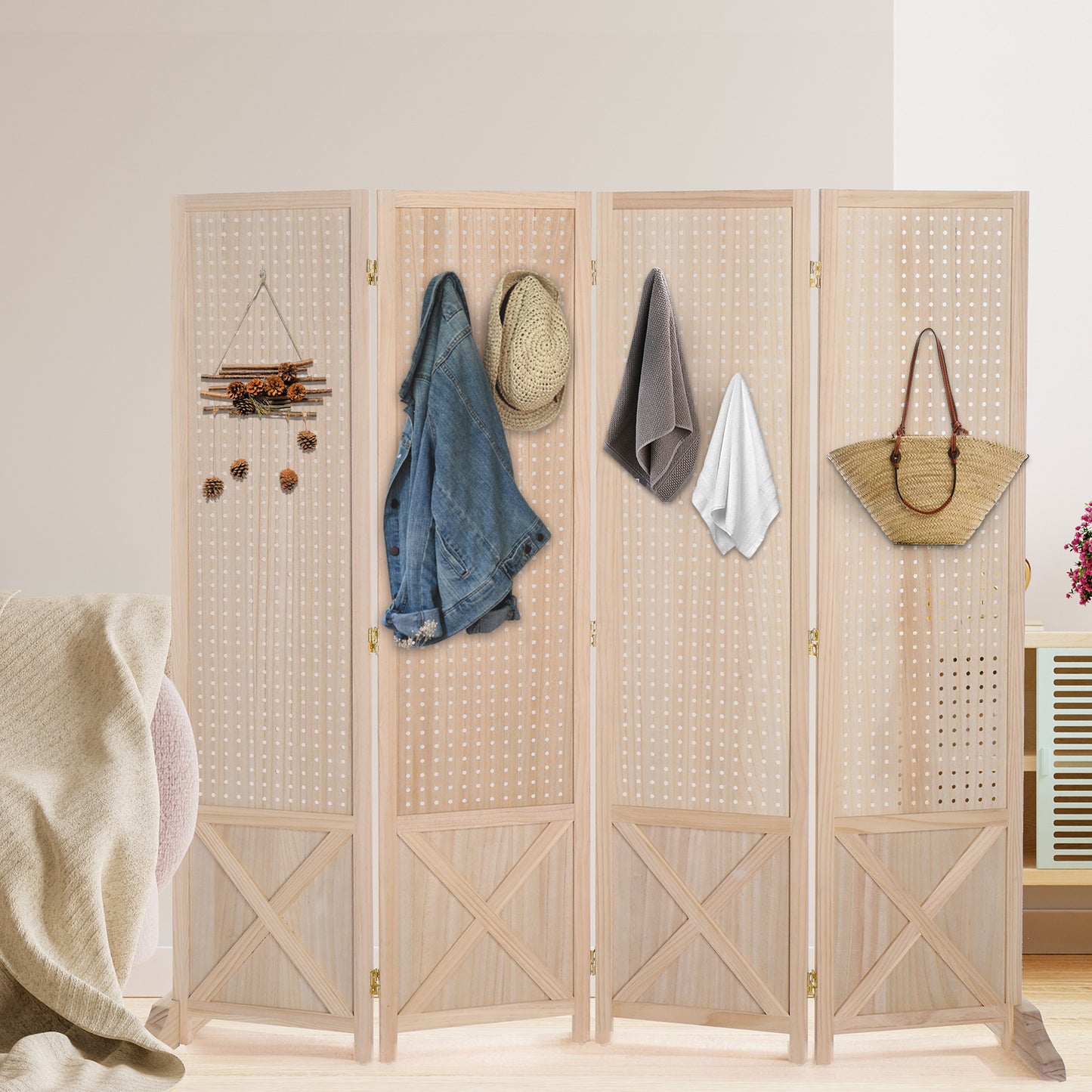 VINGLI 60''H Freestanding Pegboard, Wood Room Divider Display Board Organizer with Support Feet, Folding Privacy Screen Partition Space Separator for Craft Shows Events Retail