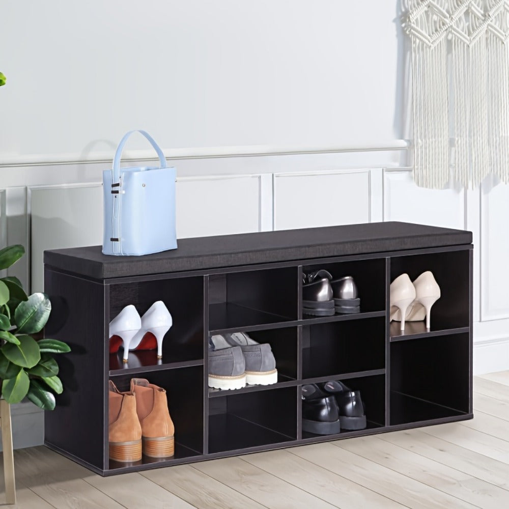 Shoe Storage Bench 3-Tier with 10 Adjustable Cubbies Upholstered Entryway Bench Organizer for Hallway, Living Room & Bedroom – Black & Brown
