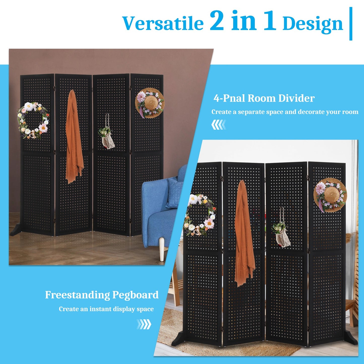 VINGLI Freestanding Pegboard with Support Feet, 5 FT Wood Room Divider Display Board Organizer, Folding Privacy Screen Partition Space Separator for Craft Shows Events Retail