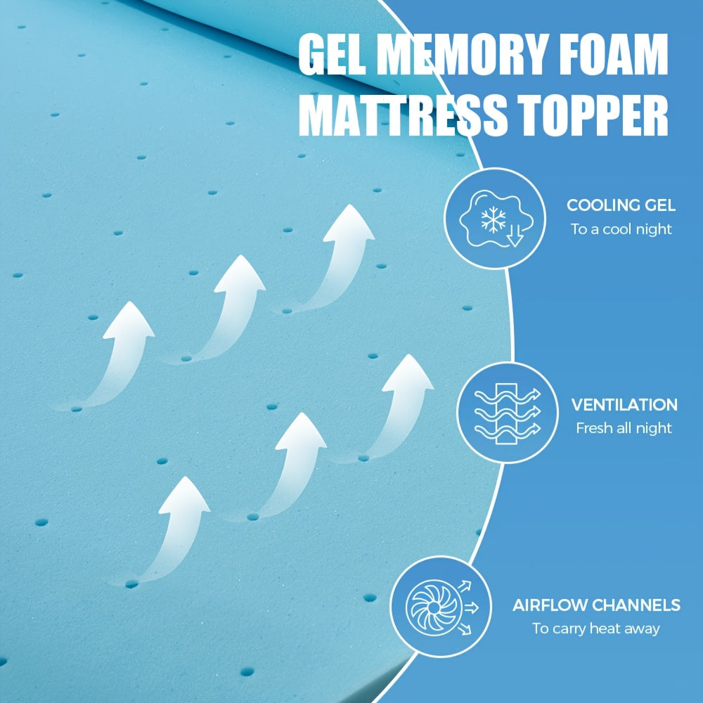 Cooling Gel Memory Foam Mattress Topper, Breathable Gel Premium Memory Foam Mattress, Fits All Mattresses, Ventilated Soft Breathable Mattress, Available In 1.5", 2", 3", And 4" Thicknesses, Multiple Sizes To Suit Different Needs, Blue