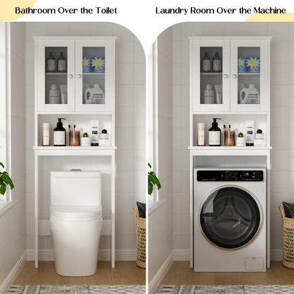 Bathroom Storage Over The Toilet, Bathroom Cabinet Organizer with Adjustable Shelves And Double Glass Doors, Wood Bathroom Space Saver