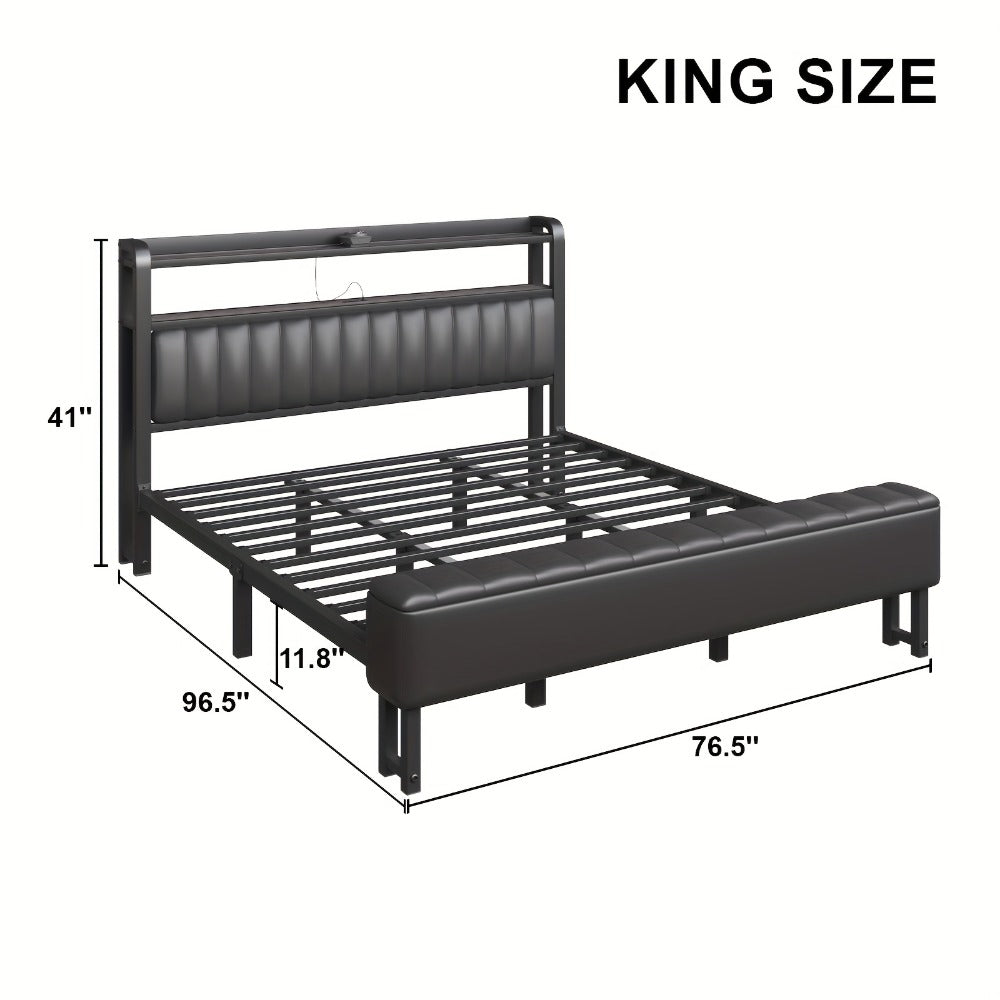 Metal Platform Bed with Starry Sky LED Lighting Storage Ottoman Upholstered Headboard Reinforced Legs Easy Assembly Bedroom Furniture