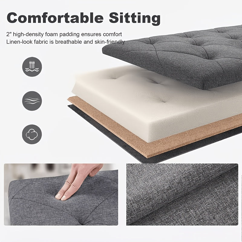 Storage Ottoman Bench with Bins, 43in Storage Bench for Bedroom End Of Bed, Folding Foot Rest Ottoman for Living Room Max 660lbs, Fabric Ottomans, Grey