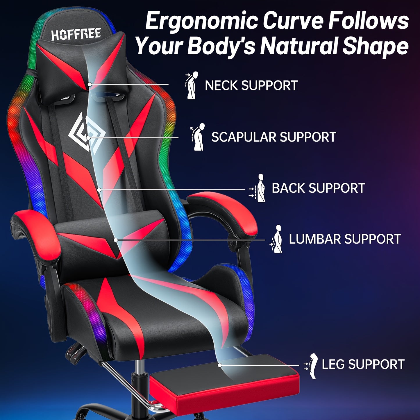 HOFFREE 2 Point Massage Lumbar Support Bar - Ergonomic Gaming Chair, Sponge-Filling, Rotating Back And Cushioned Seat For PC, Laptop, Gaming Setup, Wireless Gaming Chair, Comfortable Recliner