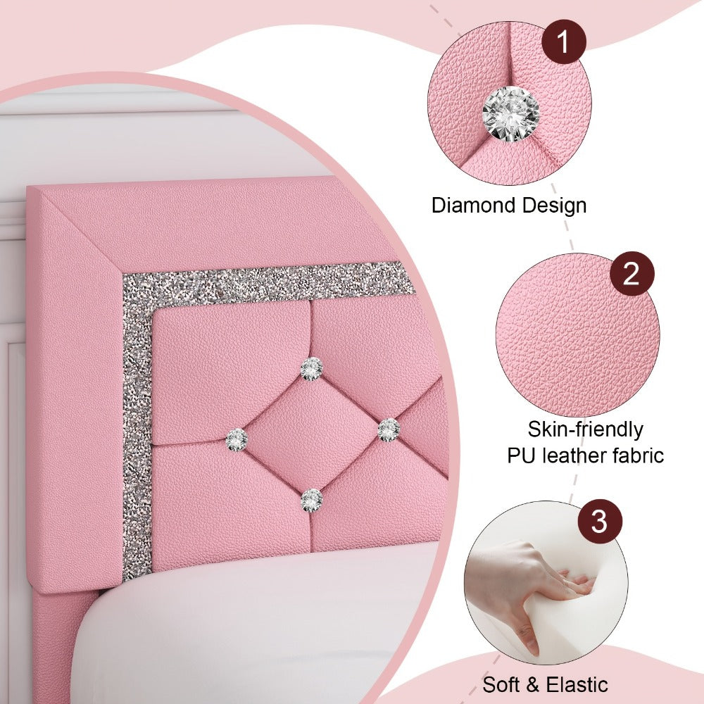 Upholstered Platform Bed Frame with Button-Tufted Diamond Headboard – Wooden Slats, No Box Spring Needed, Twin Full Queen King, Black White Pink Green Gray Beige