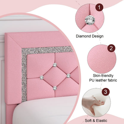 Upholstered Platform Bed Frame with Button-Tufted Diamond Headboard – Wooden Slats, No Box Spring Needed, Twin Full Queen King, Black White Pink Green Gray Beige