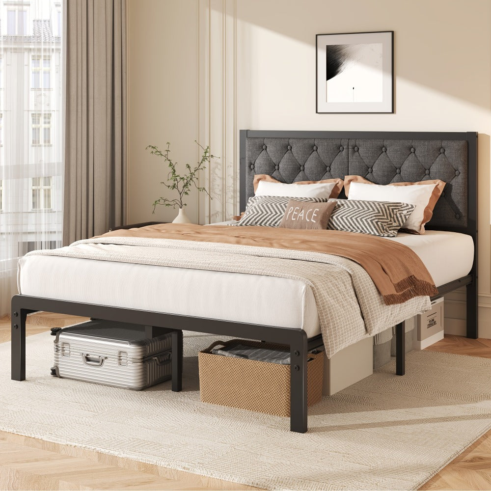 Upholstered Platform Bed Frame with Button Tufted Headboard Noise-Free Steel Slats 12.6 Inch Under-Bed Storage No Box Spring Needed Twin Queen Grey