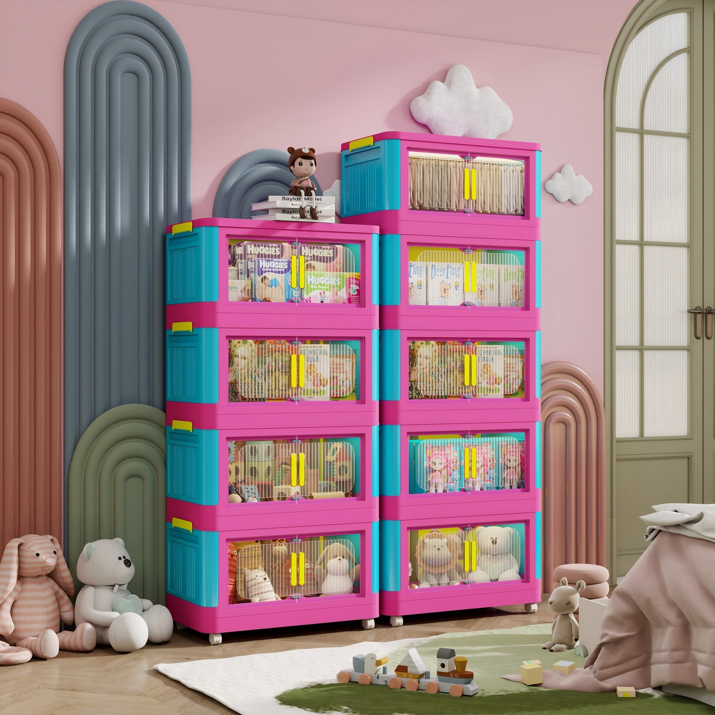 Dopamine Color Storage Organizer Set with 4/5 Tiers, Foldable And Waterproof. Features 360° Rotating Wheels And Magnetic Closure. Made from Durable PP Material with a Stackable Design, Perfect for Living Room, Office, Bedroom