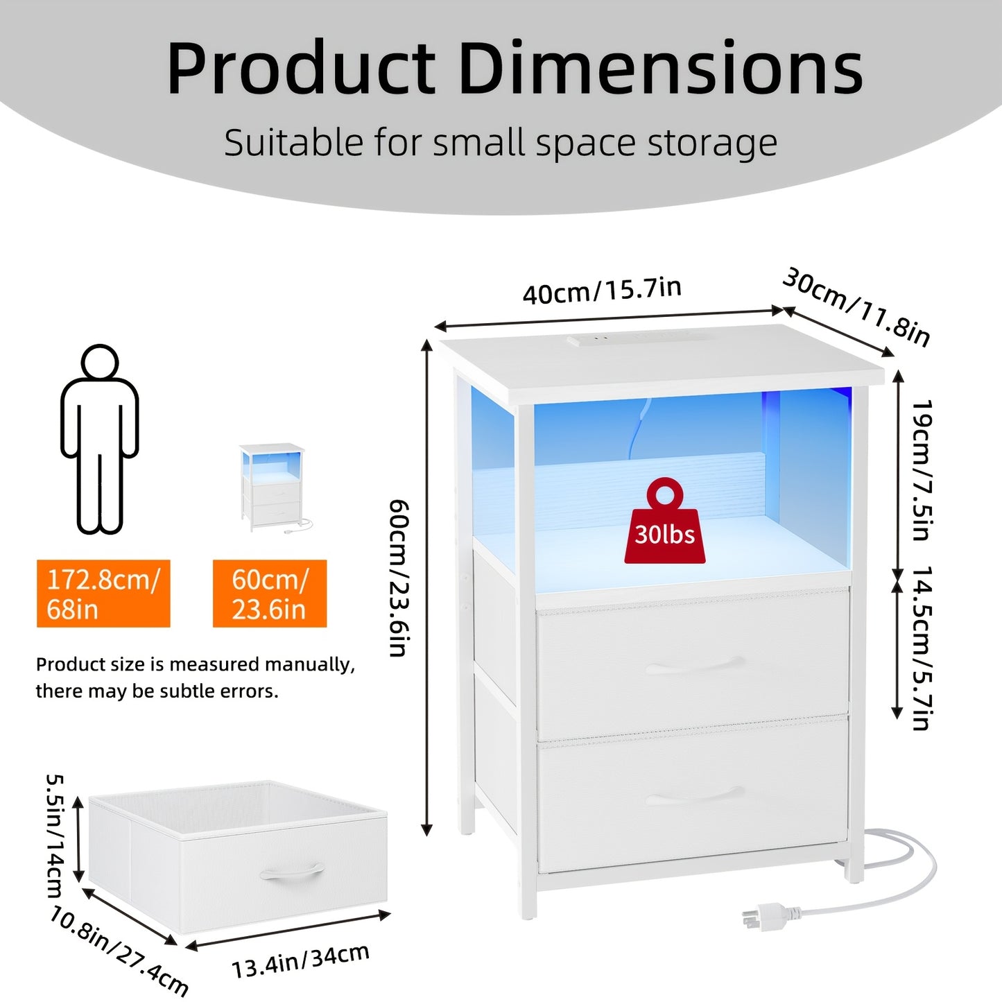 TOMNK Bedside Cabinet with Charging Station, LED Nightstand with USB Ports and Outlets, 1/2 Fabric Storage Drawer with PU Coating, Side Table, Heavy-Duty Nightstand, Suitable for Home, School, and Dorm Storage, Black, White, and Brown