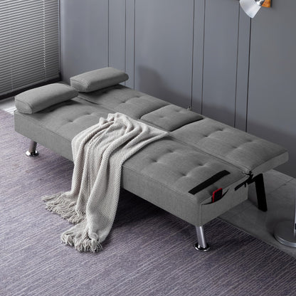 Convertible Futon Sofa Bed 67 Inch Sleeper Couch with Adjustable Backrest, Cup Holders, Detachable Armrests & Side Pocket - Fold Flat Guest Bed for Living Room, Apartment, Dorm
