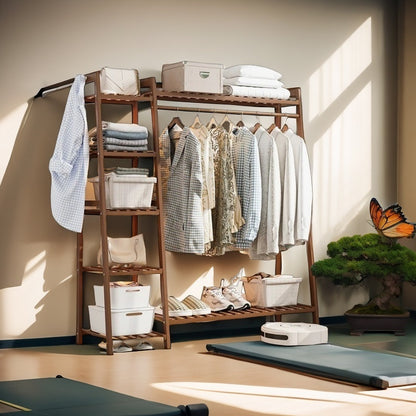 A multi capacity storage rack with brown and brown options, equipped with 5 side storage racks. A hat rack with shelves and bags is suitable for home storage, and a side hat hook is suitable for bedroom and hat room storage Specifications: with bag or wit