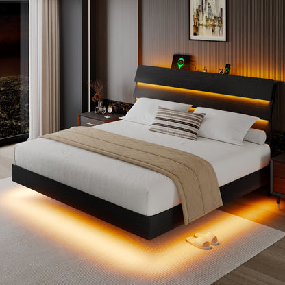 Valnase Floating Bed Frame with LED Lights, with Built-In Charging Station Storage Wooden Headboard, Heavy-Duty Metal Support, Easy Assembly