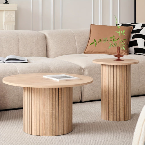Round Nesting Coffee Tables Set of 2 - Boho Fluted Drum Side Table with Wood Grain Tabletop for Living Room, Bedroom & Apartment
