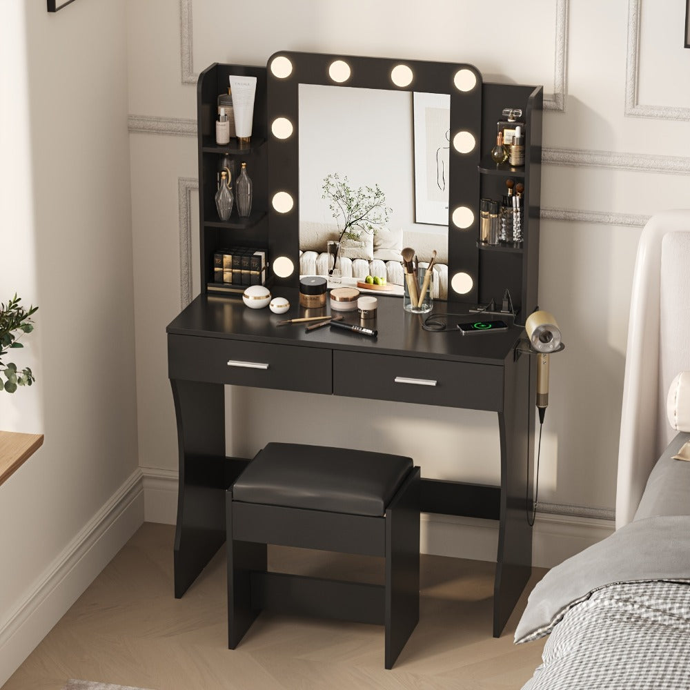 LED Vanity Desk with Lighted Mirror & Stool – 6-Drawer Makeup Dressing Table with 10+ LED Strip Lights | Plug-and-Play Modern Vanity for Bedroom, Dorm & Beauty Salon