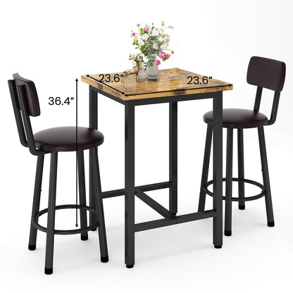 3-Piece Pub Dining Set for 2, Rustic Brown Counter Height Table with Wood Top and 2 Stools, Small Kitchen Table Set for Breakfast Nook, Apartment, Living Room or Bar