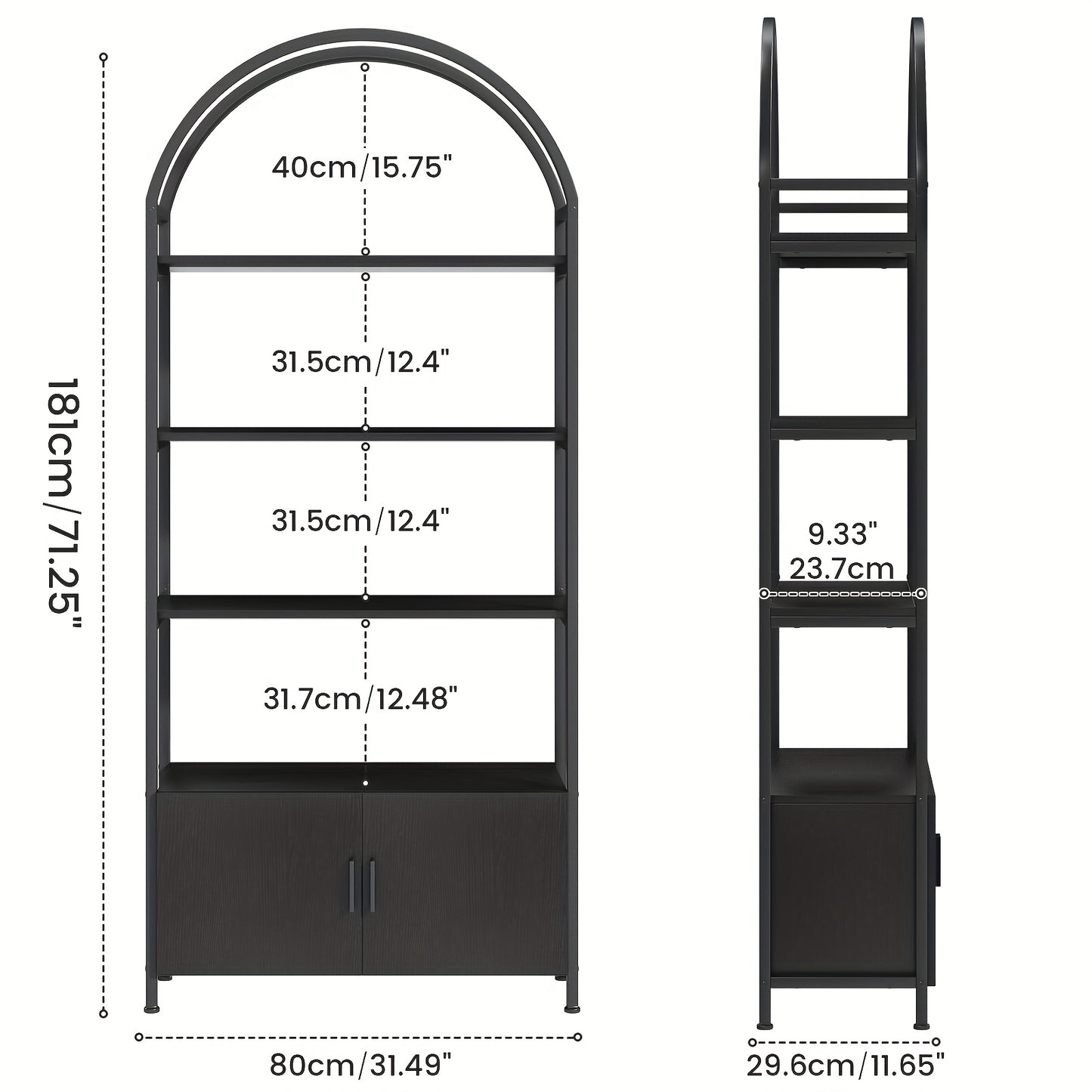 71" Industrial Arched Bookshelf with Doors - Sturdy Metal Frame, Freestanding Display Shelving Unit for Home & Outdoor Leisure