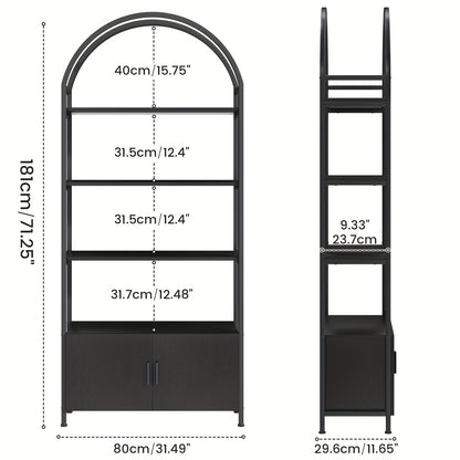 71" Industrial Arched Bookshelf with Doors - Sturdy Metal Frame, Freestanding Display Shelving Unit for Home & Outdoor Leisure