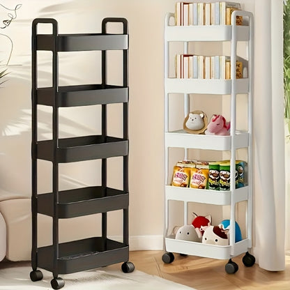 5-Tier Rolling Storage Cart with Wheels & Adjustable Shelves, Slim Plastic Organizer for Kitchen Bathroom Bedroom, Space-Saving Ultra-Thin Design, Multi-Use Mobile Shelf Unit