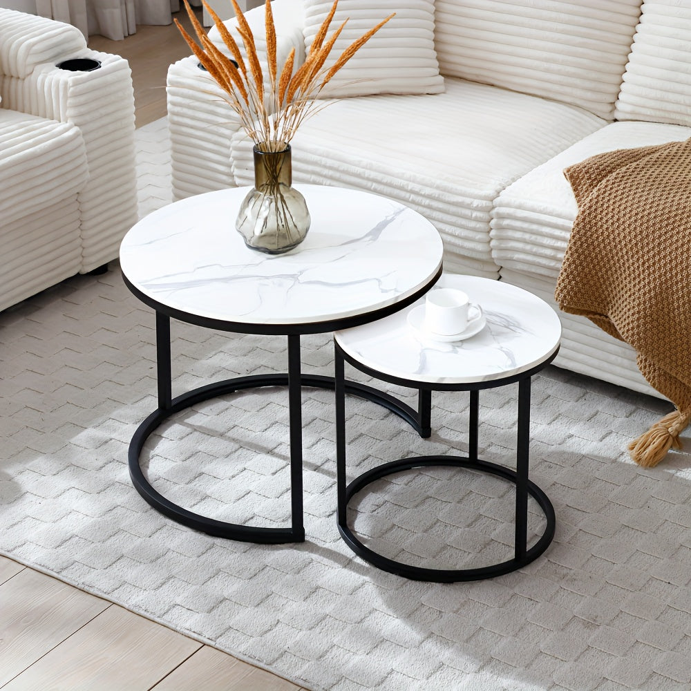 Space Saving Nesting Coffee Table Set Of 2, Modern Faux Marble Round Tables with Golden Frame, Small Apartment Living Room Furniture