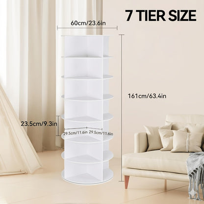 7-Tier Spinning Shoe Rack with 360° Rotating Base – Vertical Carousel Shoe Organizer Tower for Entryway, Closet & Bedroom | Holds 28+ Pairs, Handbag Storage, Space-Saving White Shoe Stand