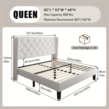Modern Platform Bed Frame with 24-Inch Button-Tufted Headboard – Solid Wood Slats, Artistic Legs, Linen & Velvet, Dark Gray Light Grey Beige White Black, Full Queen King