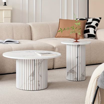 Round Nesting Coffee Tables Set of 2 - Boho Fluted Drum Side Table with Wood Grain Tabletop for Living Room, Bedroom & Apartment