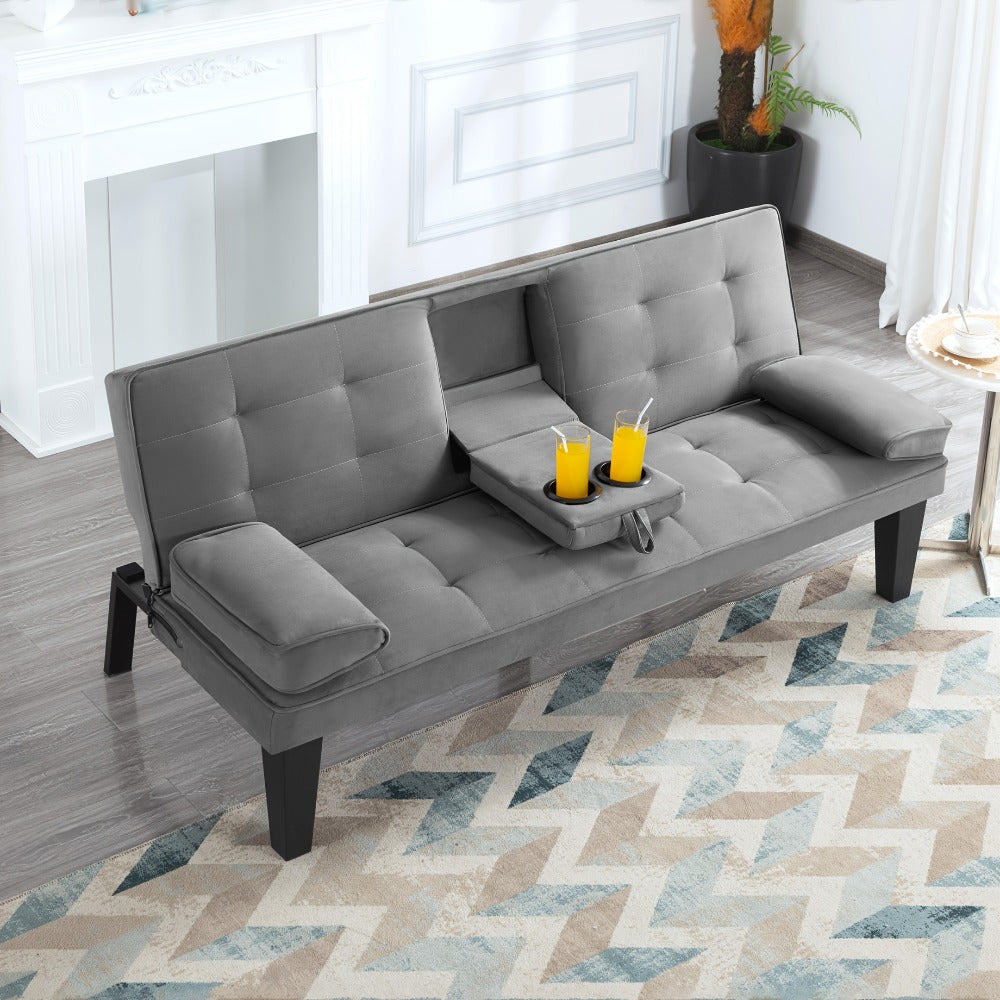 Futon Sofa Bed Convertible 65 Inch Foldable Lounge Chair Sleeper Couch with Adjustable Backrest Detachable Armrests Cup Holders Linen Upholstery Living Room Guest Room Black Gray Blue