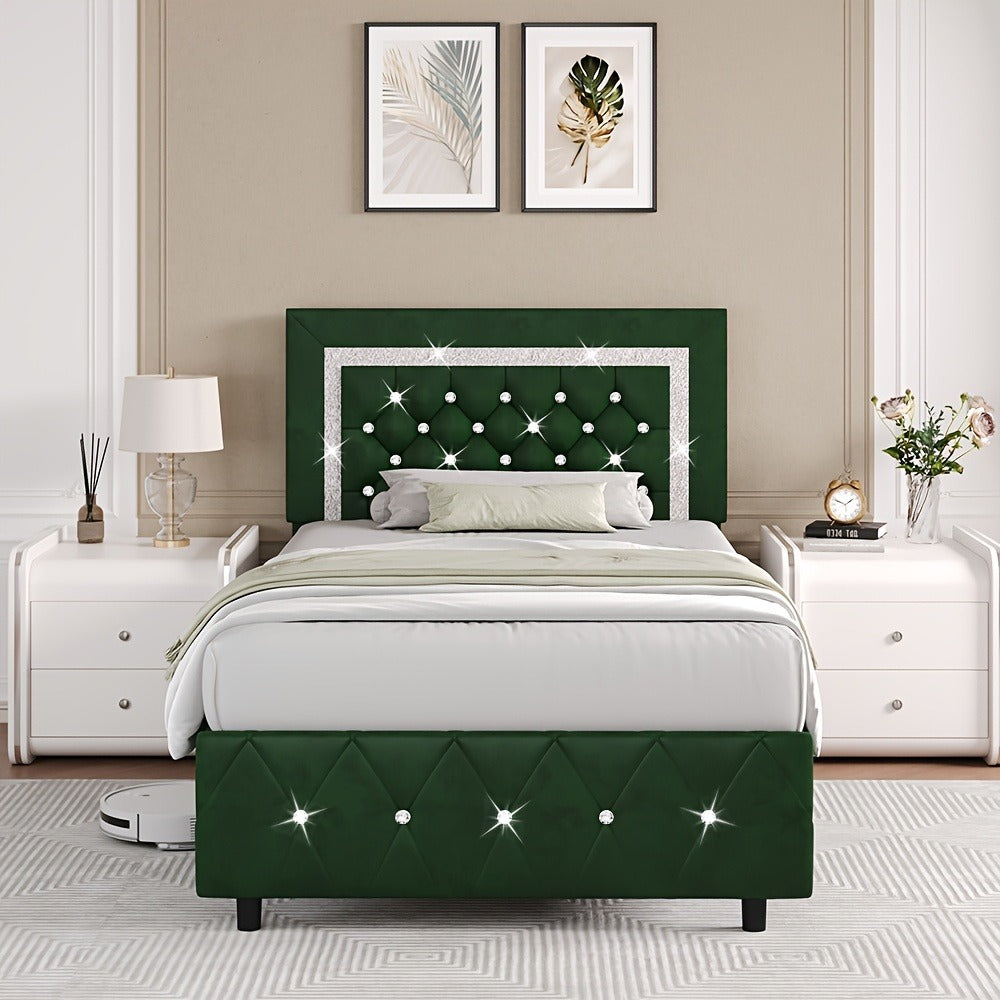 Upholstered Platform Bed Frame with Button-Tufted Diamond Headboard – Wooden Slats, No Box Spring Needed, Twin Full Queen King, Black White Pink Green Gray Beige