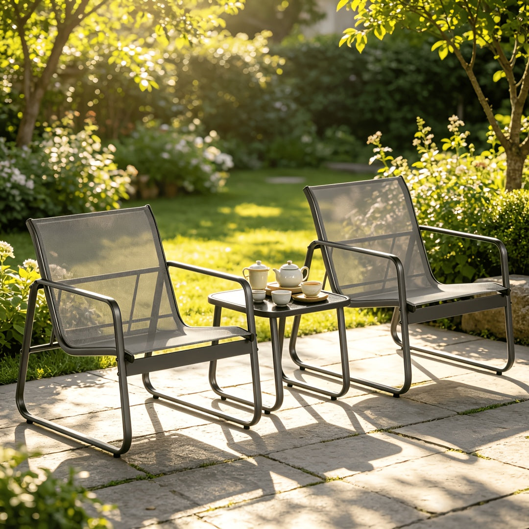 Patio Chairs Set of 3, Patio Furniture Set with Metal Frame Glass Table, Outdoor Chairs Set of 3 for Balcony, Bistro Table And Chairs Set for Lawn, (Black, Gray)